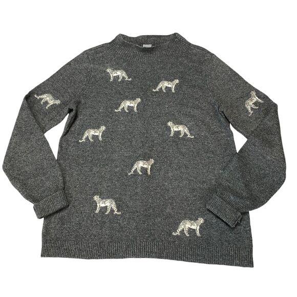 Chico's Sweater Women's S Gray Embroidered Cheetah Ribbed Sleeve & Hem Crew Neck - Picture 1 of 11